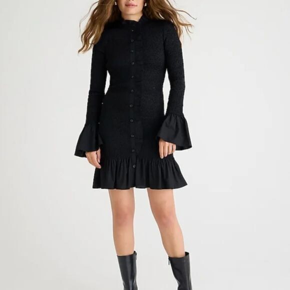 NEW J‎ CREW SMOCKED LG SLEEVE BUTTON UP RUFFLE MINI DRESS black, M - Picture 1 of 16